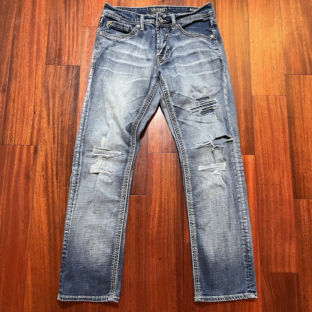 Salvage Supply Co Jeans Mens 32x31 Blue Light Wash Distressed Fade Grunge Buckle